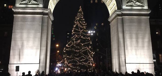 An outdoor view of the Christmas tree at Washington Square Park places between two light grey columns with a crowd of onlookers admiring tree lights at night.