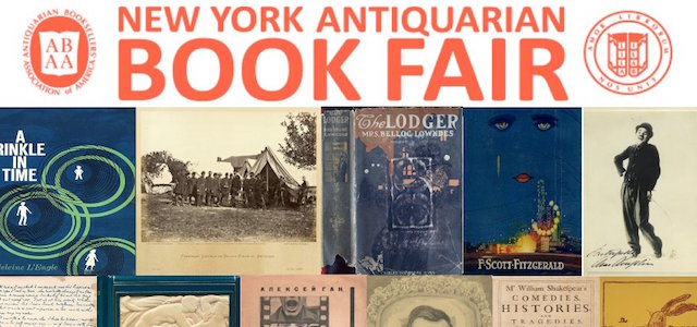 A collection of antique book covers with pastel colors showcase the Antiquarian Book Fair in New York.