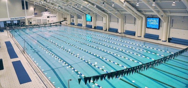 An aerial view of Asphalt Green's large indoor swimming pool in New York City.
