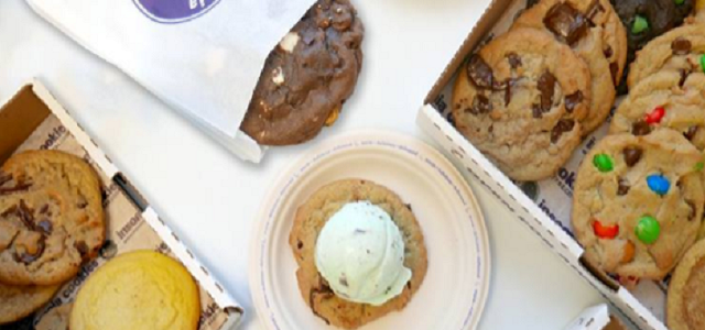 A variety of freshly baked chocolate chip cookies from Insomnia Cookies in NYC.