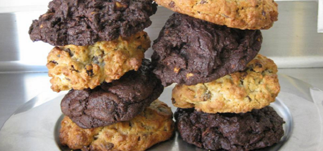 A stack of freshly baked cookies from Levain Bakery in NYC.