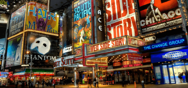 A view of Times Square in NYC with neon lights at night.