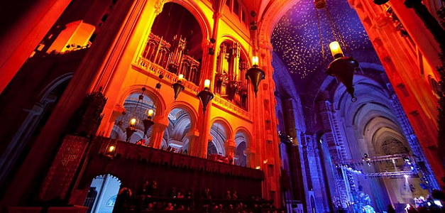 An interior view of a lighted area where The Paul Winter’s 38th Annual Winter Solstice Celebration takes place in NYC.