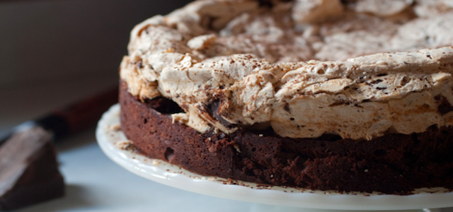 A round chocolate cake with hazelnut ganache icing.