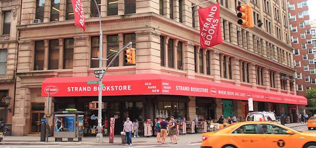 An exterior street view of The Strand Bookstore in NYC.