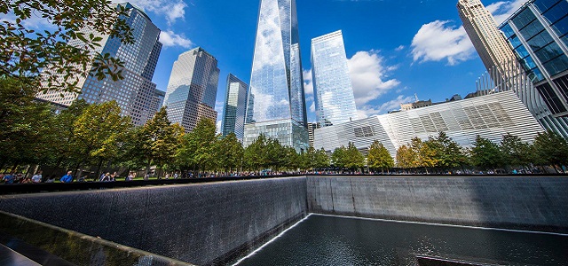 A view of the water fountain at the 9/11 Memorial and Museum in Manhattan.