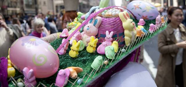 A pastel colored Easter bonnet at a parade in NYC.