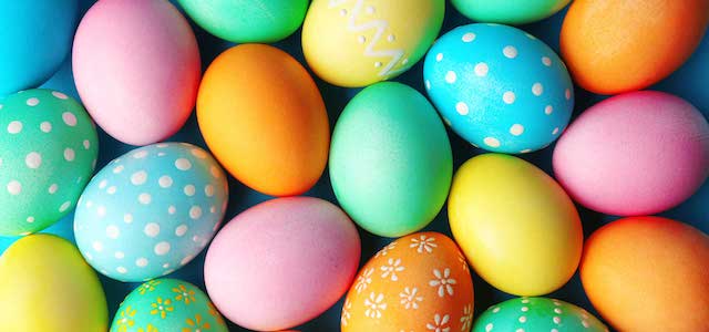 Brightly colored and decorated Easter eggs.