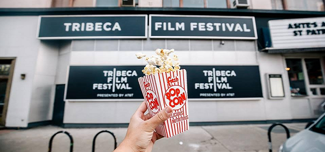 A red and white striped container of fresh popcorn at the Tribeca Film Festival.