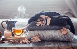 A fall themed living room featuring cozy throw blankets and stepping tea with leaves on a coffee table