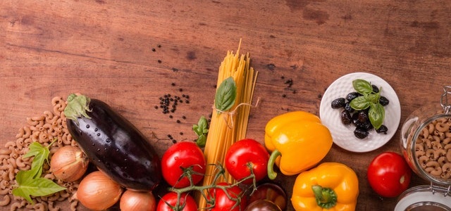 pasta ingredients - pasta, peppers, eggplant, spices