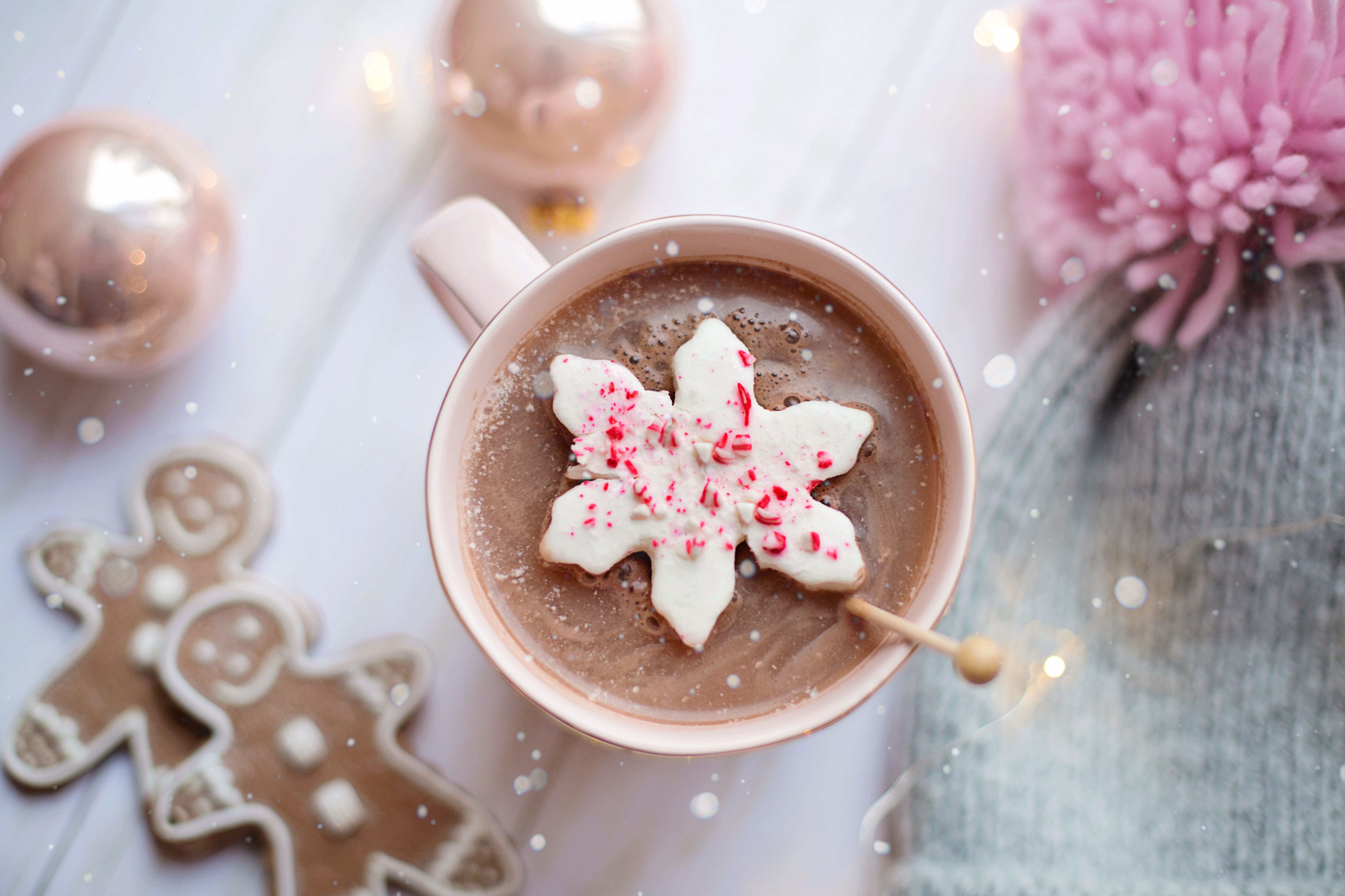 A hot coco drink with a peppermint cookie on top