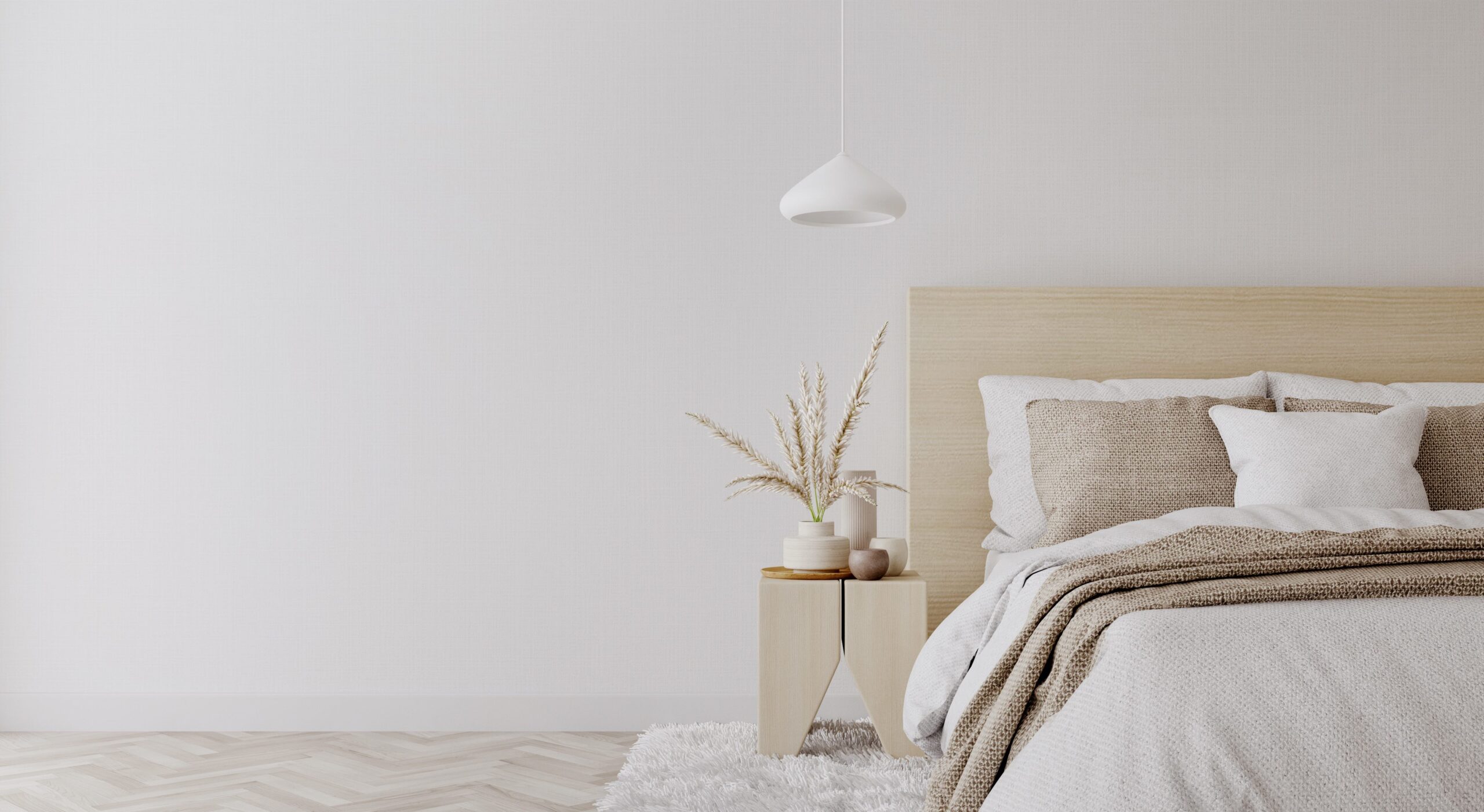 Close up of bedroom with neutral tones