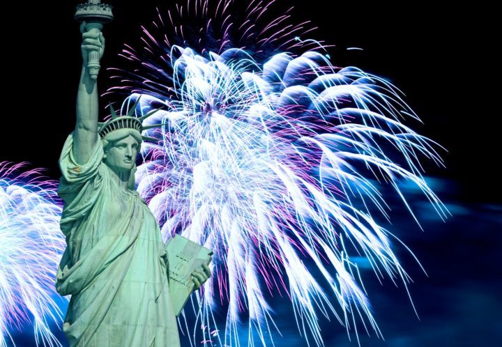 fireworks by statue of liberty