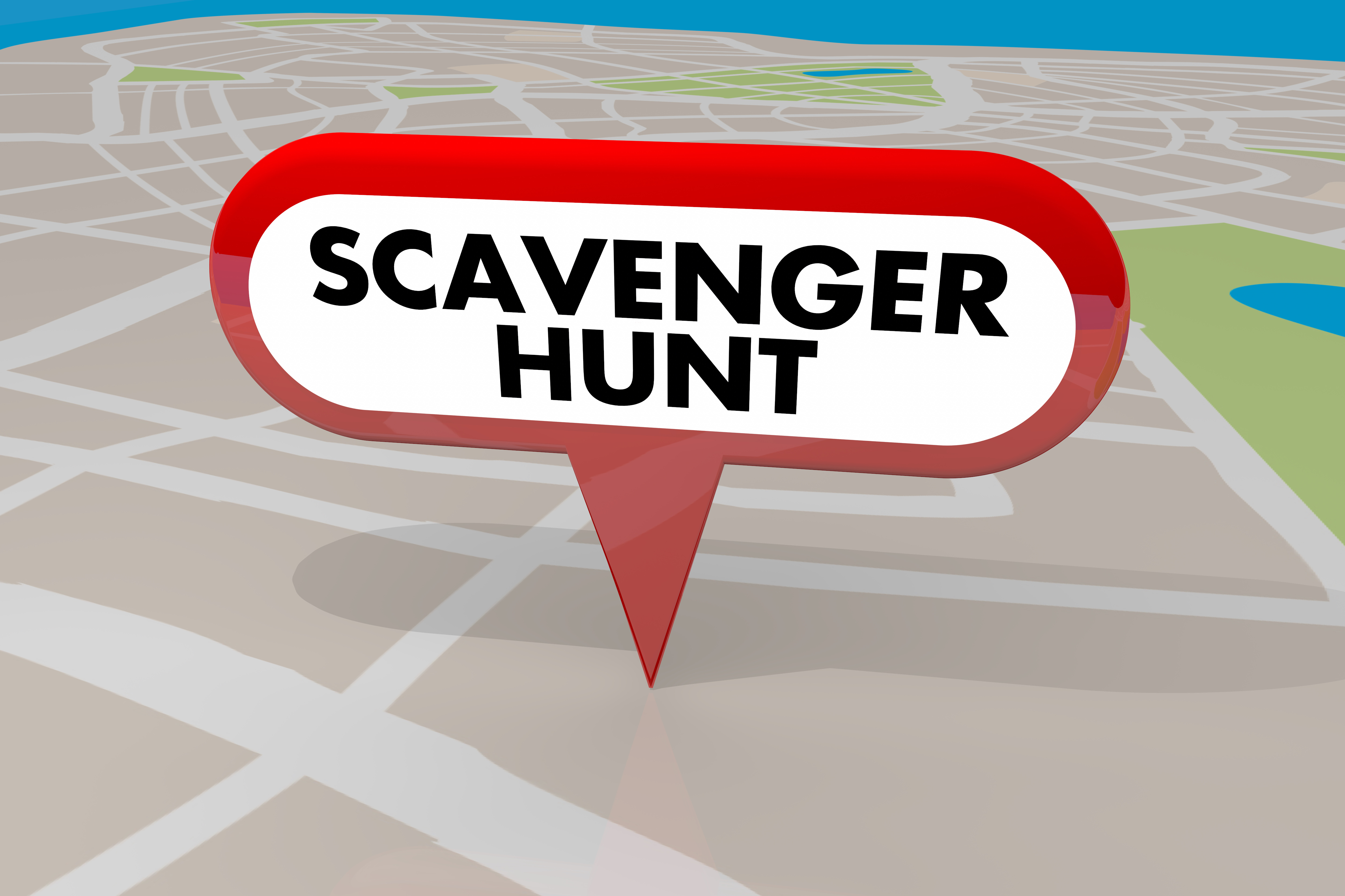 Image of a map with a scavenger hunt location pin. 