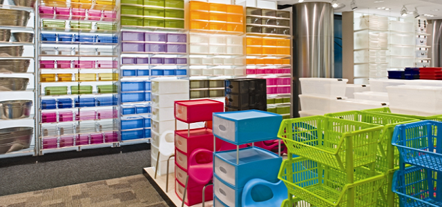 Rows of colorful plastic containers at The Container Store.