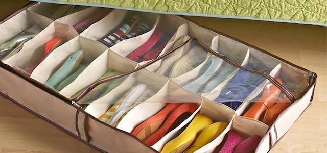 A cloth and plastic under-the-bed shoe storage container.