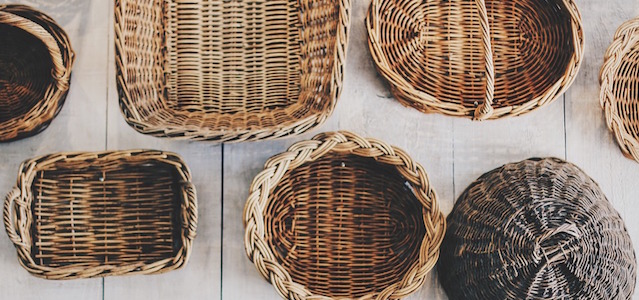 Woven wicker storage baskets.