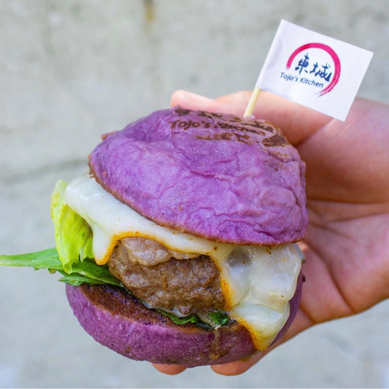 Person holding unique purple pattie hamburger
