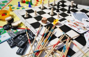 Board games spread out on a table