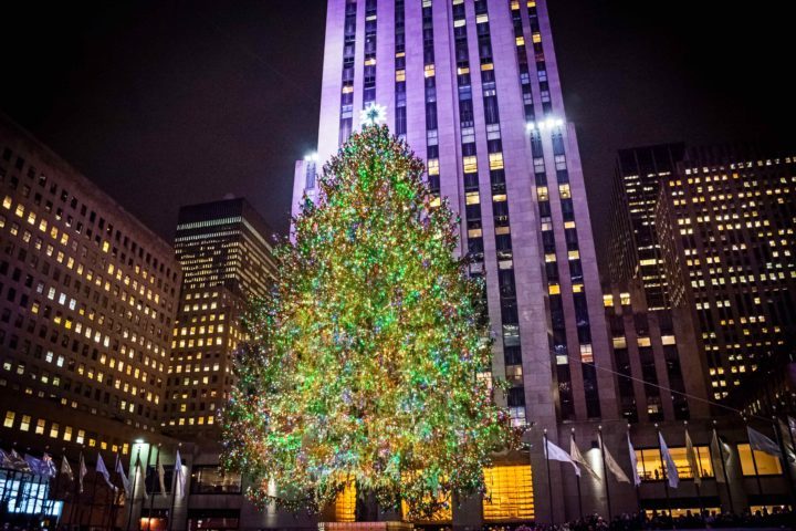 Rockefeller Center Christmas tree lit up at night
