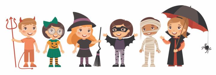 6 kids in halloween costumes like a mummy, bat, and pumpkin!