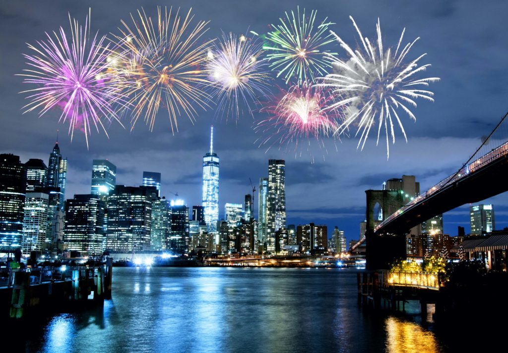 NYC skyline with fireworks