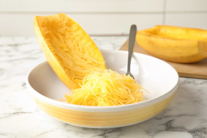 Spaghetti squash in a white bowl