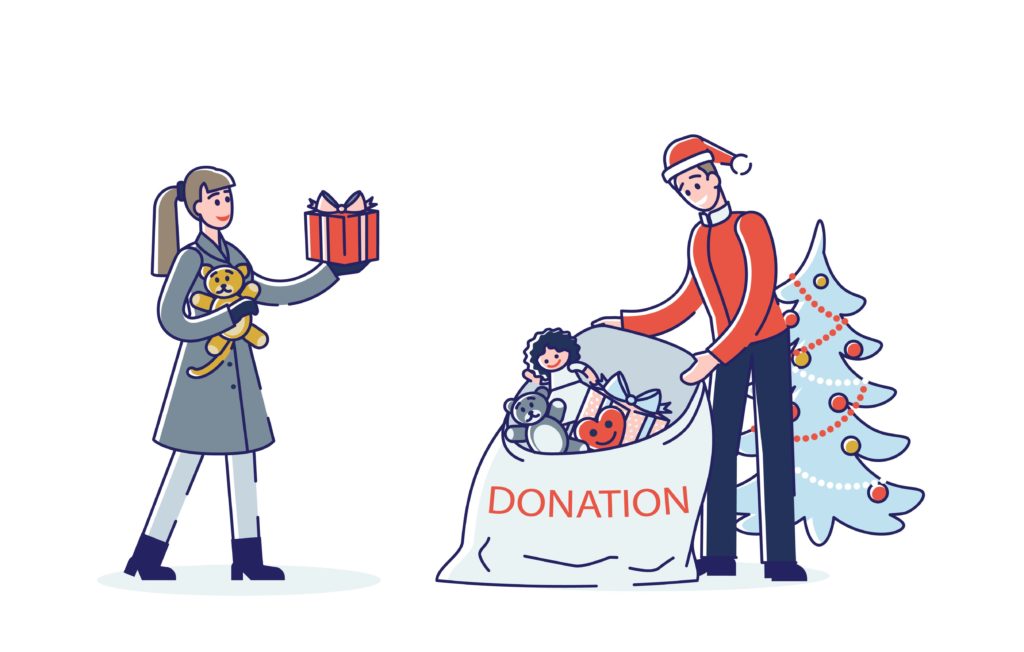 A cartoon image of a woman dropping a gift off in a toy drive