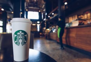 Zoom in of Starbucks cup in a Starbucks 