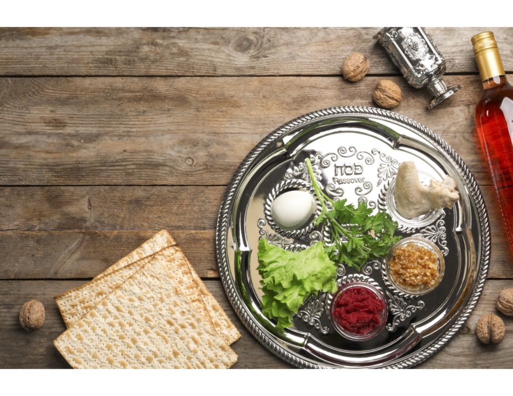 Image of a seder plate on a wooden table with matzah