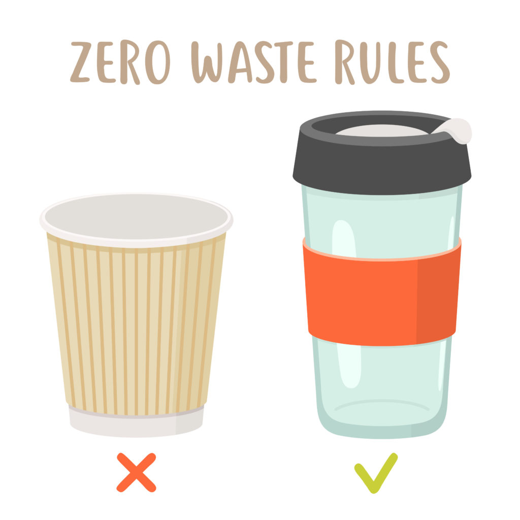 A digital image that says zero waste rules on top with a plastic cup and reusable cup