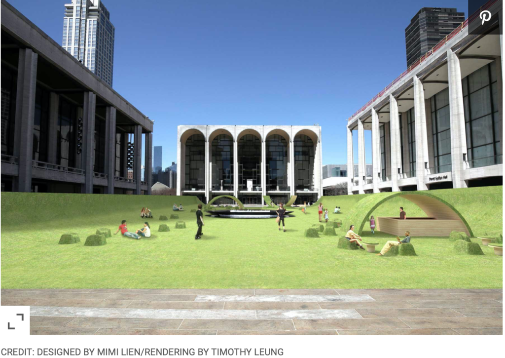 Image of the green design for front of Lincoln Center featuring green grass like flooring and seating