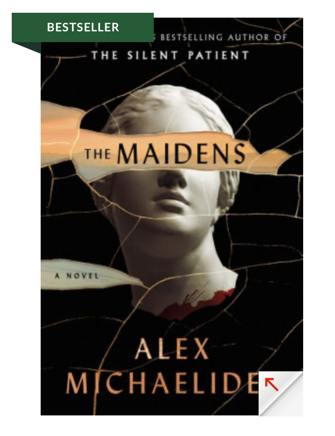 Cover of The Maidens by Alex Michaelides. Featuring a greek statue on black background.