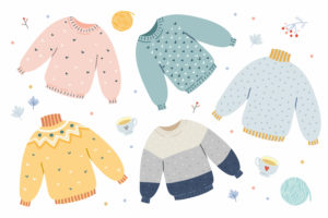 Handdrawn vector illustrations of warm winter and autumn woolen sweaters in pastel scandinavian style colors. Trendy flat design elements of winter clothes. Christmas holidays mood.