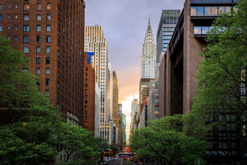 Sunset above New York City high rises in Midtown East neighborhood - Glenwood NYC