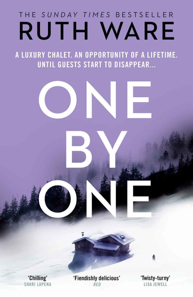 The cover of Ruth Ware's novel One by One featuring a cabin on a snowy mountain