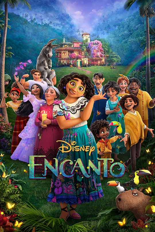 The movie poster for Encanto featuring The Madrigal family in their home in the Colombian mountains!