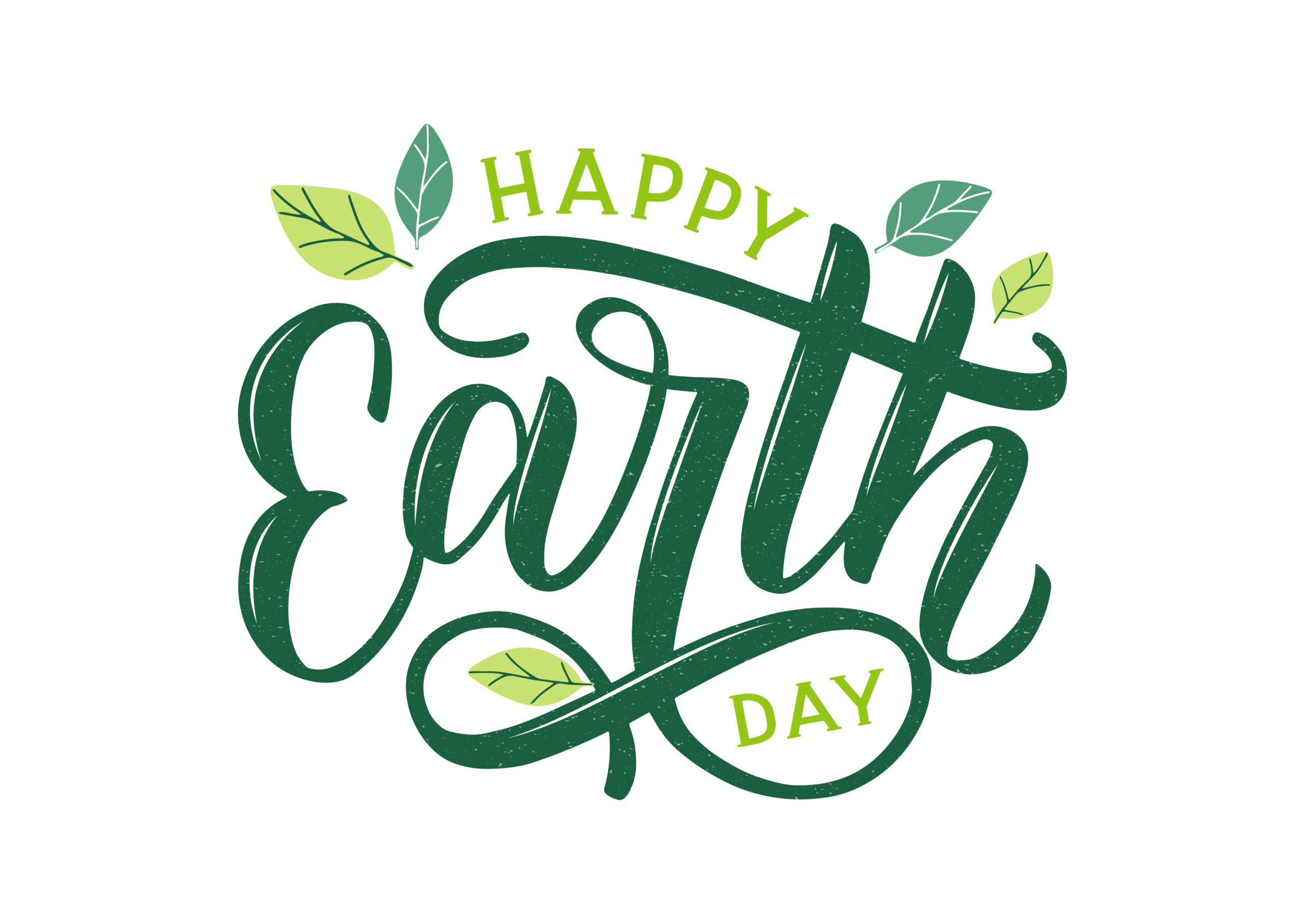 Happy Earth Day hand lettering logo decorated by leaves.