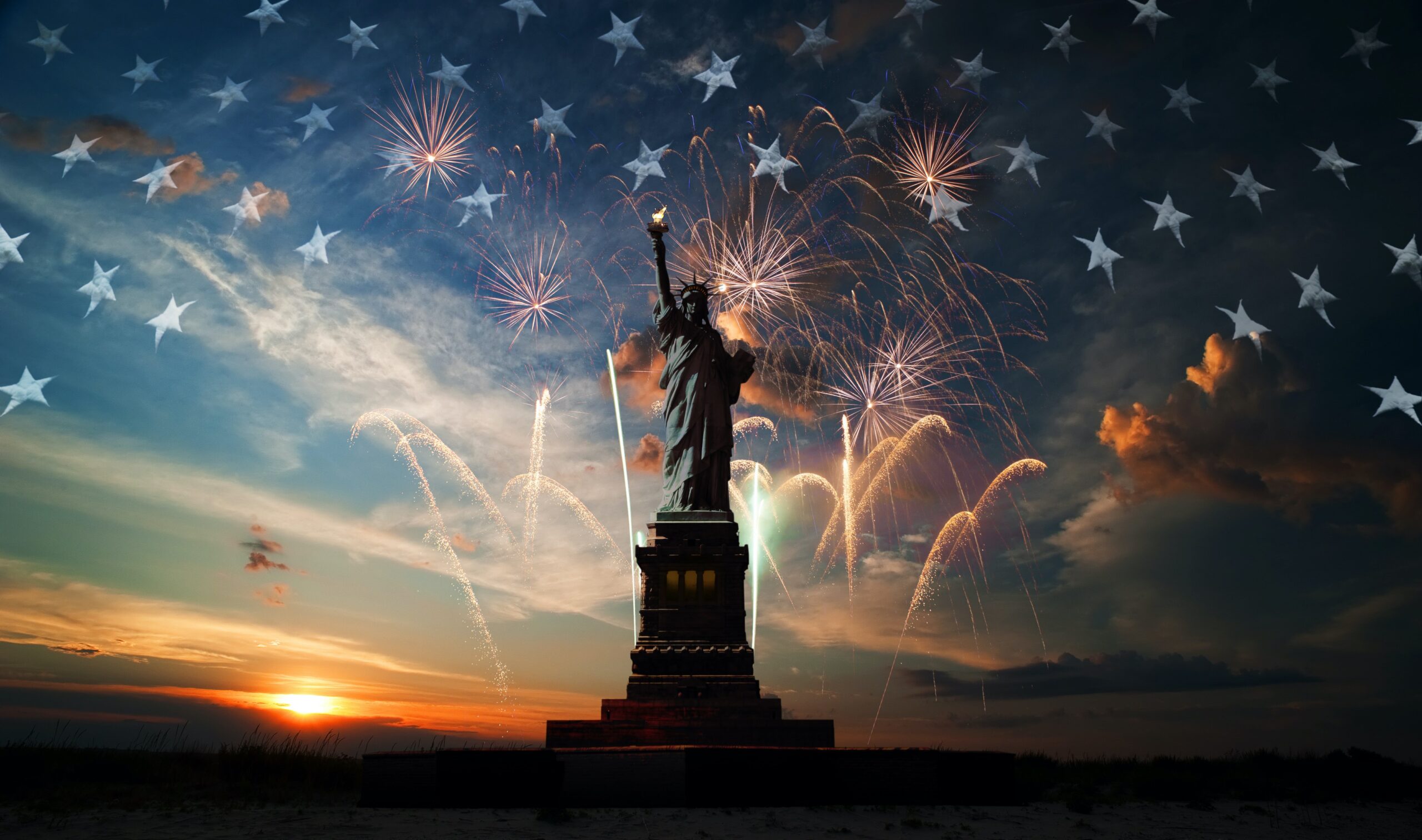 Statue of Liberty on the background of flag usa, sunrise and fireworks