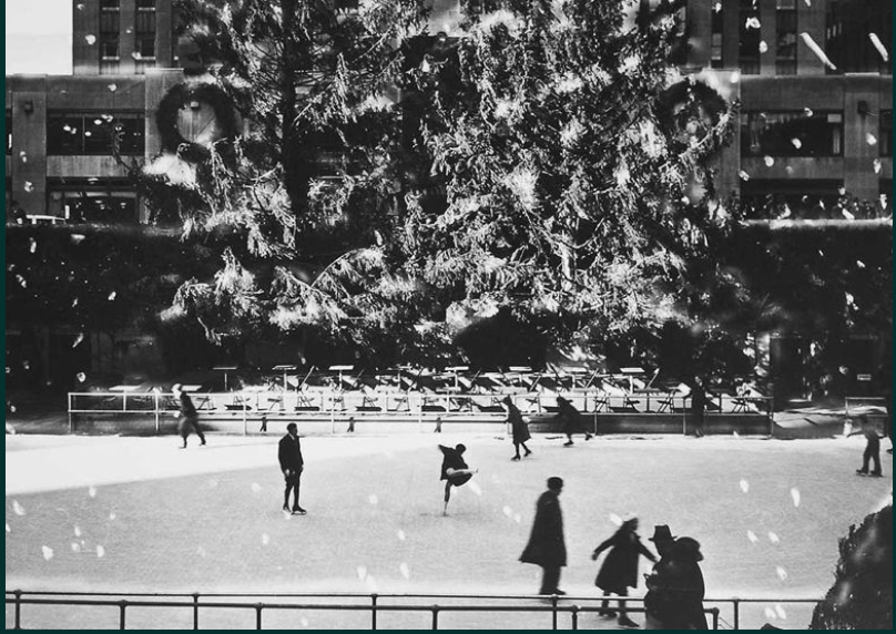 1936 photo of the Rockefeller Center skating rink and christmas tree