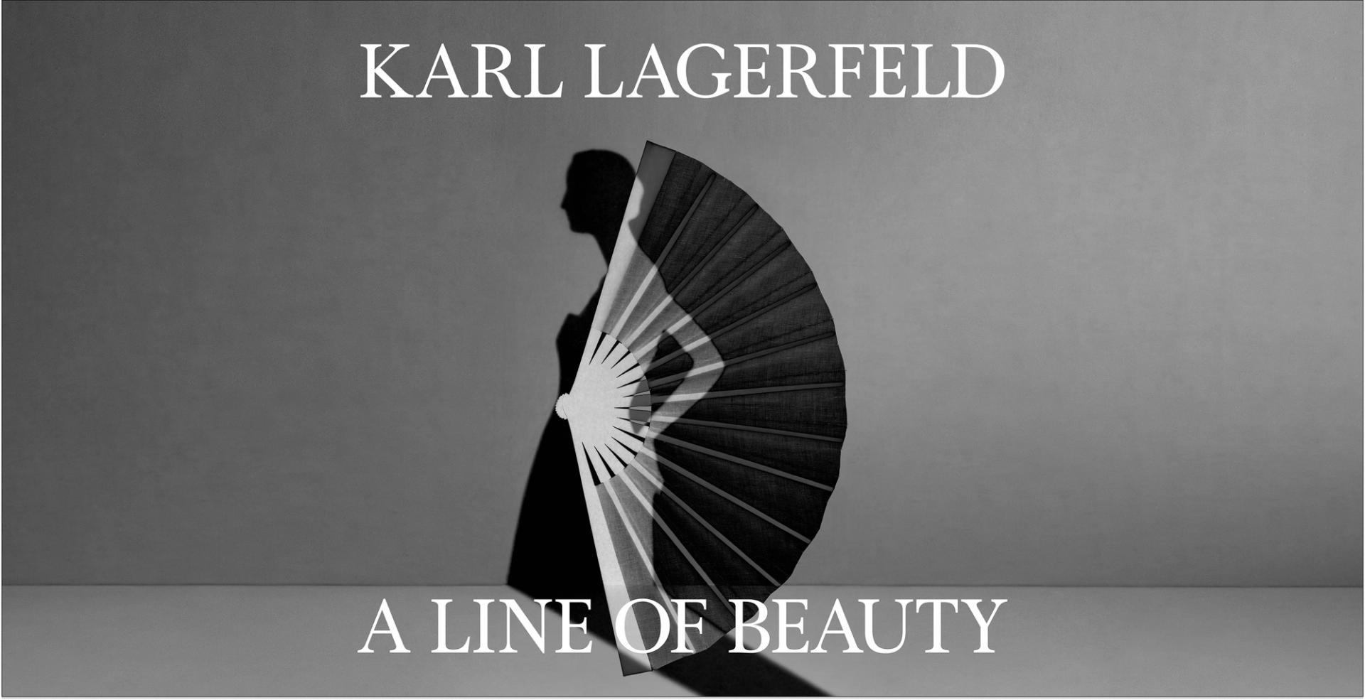 Karl Lagerfeld: A Line of Beauty exhibit poster featuring a woman with a fan in black and white scale