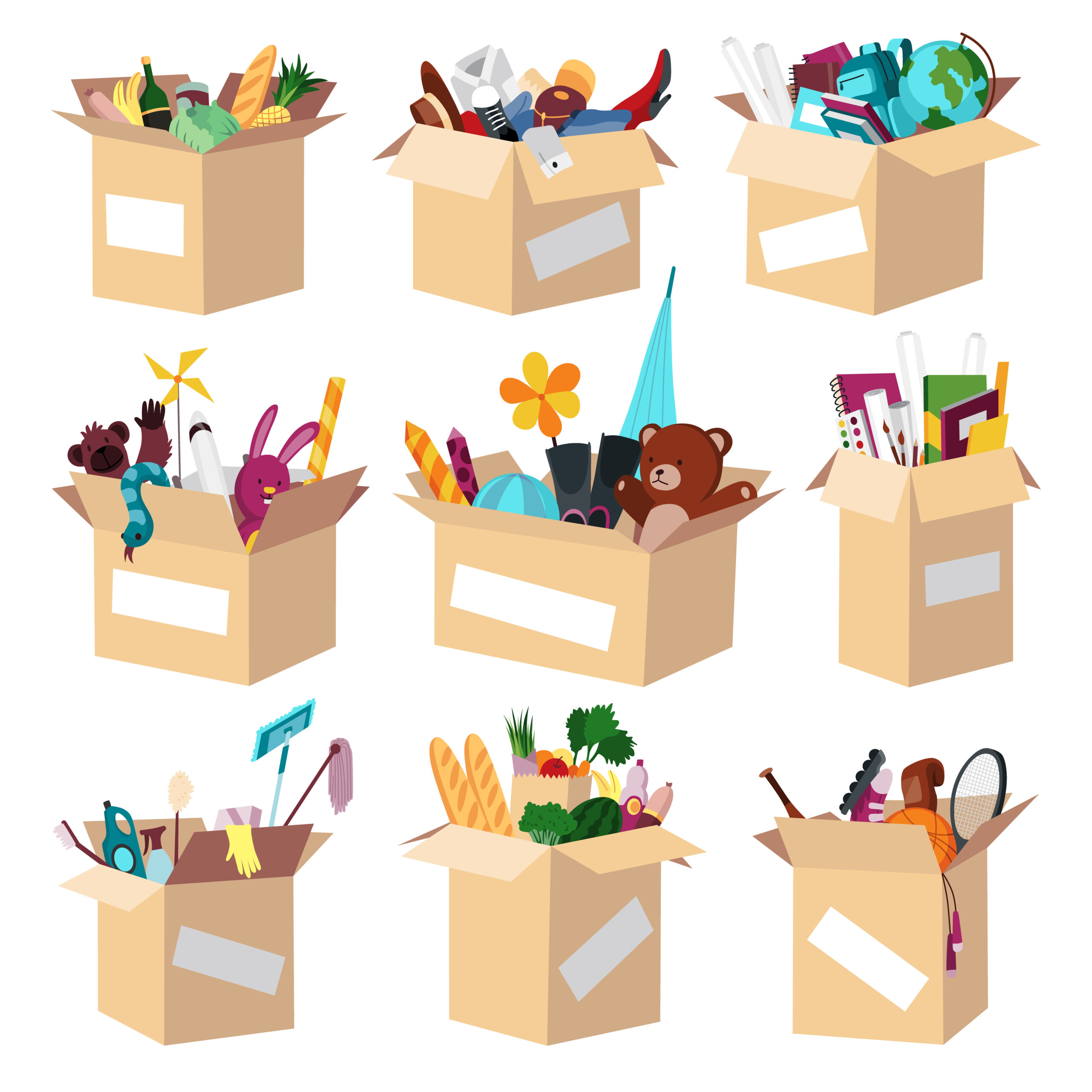 cartoon imagery of 9 cardboard boxes with donation items in them of different categories 