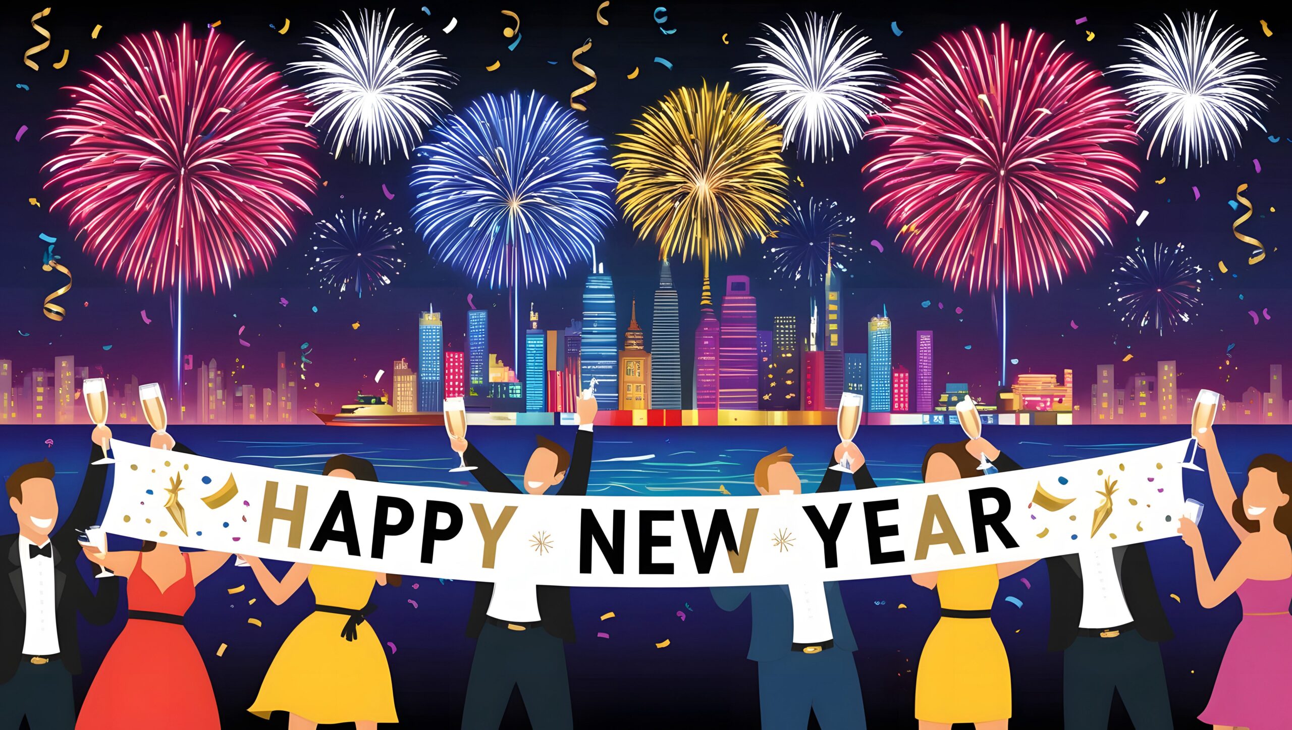 A poster with fireworks for Happy New Year and the city skyline in the background