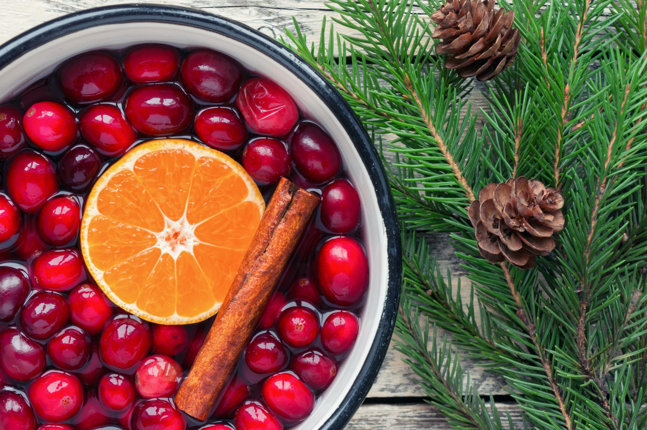 potpourri of cranberries, orange peel, cinnamon in a bowl with pines and pinecones on the table