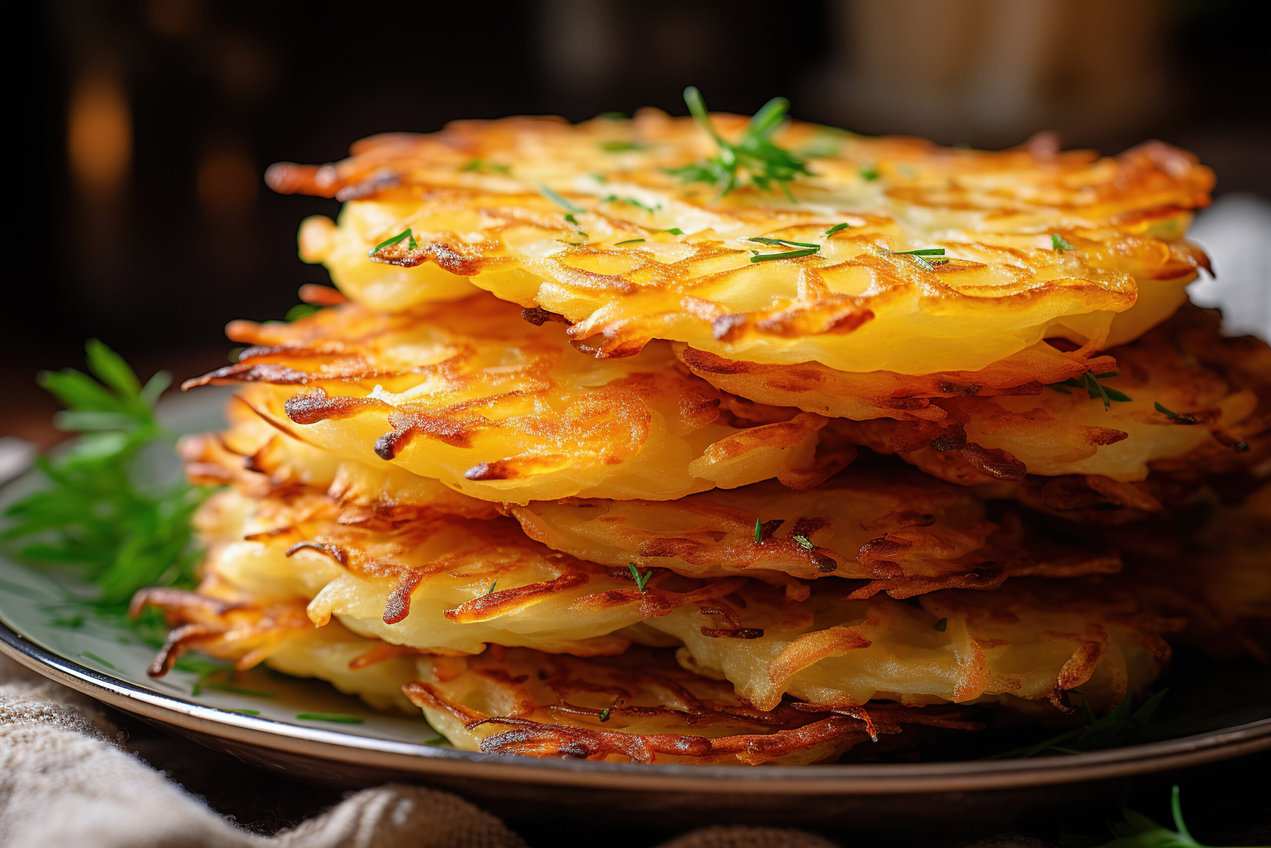 a plate full of potato Latka stacked 