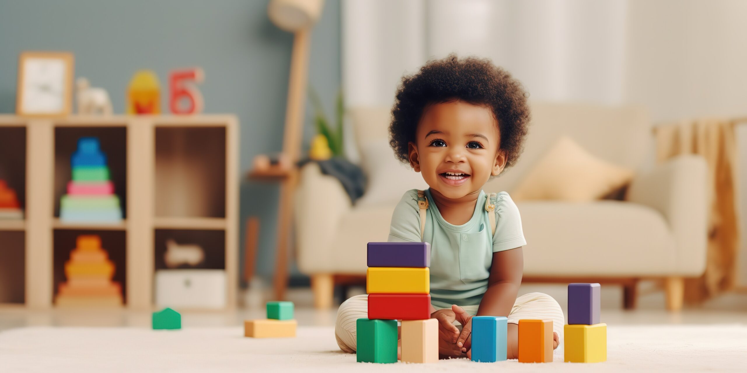 small infant playing with colorful blocks on floor