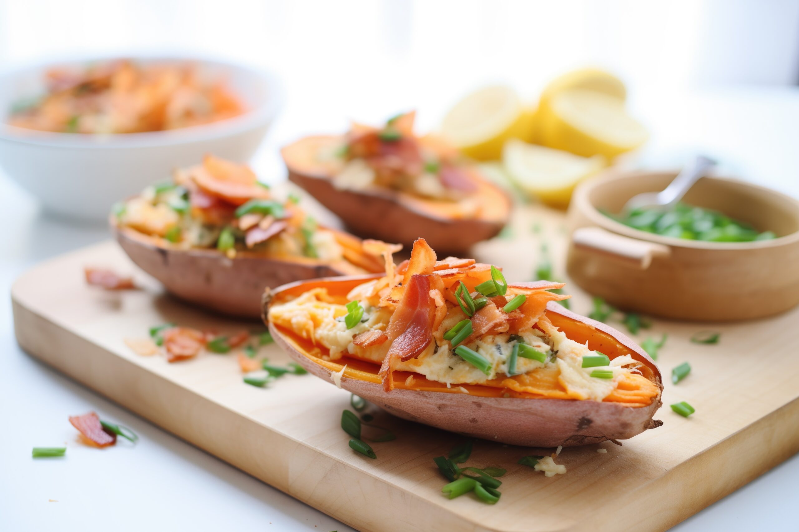 baked sweet potato skins stuffed with cheese and bacon, created with generative ai
