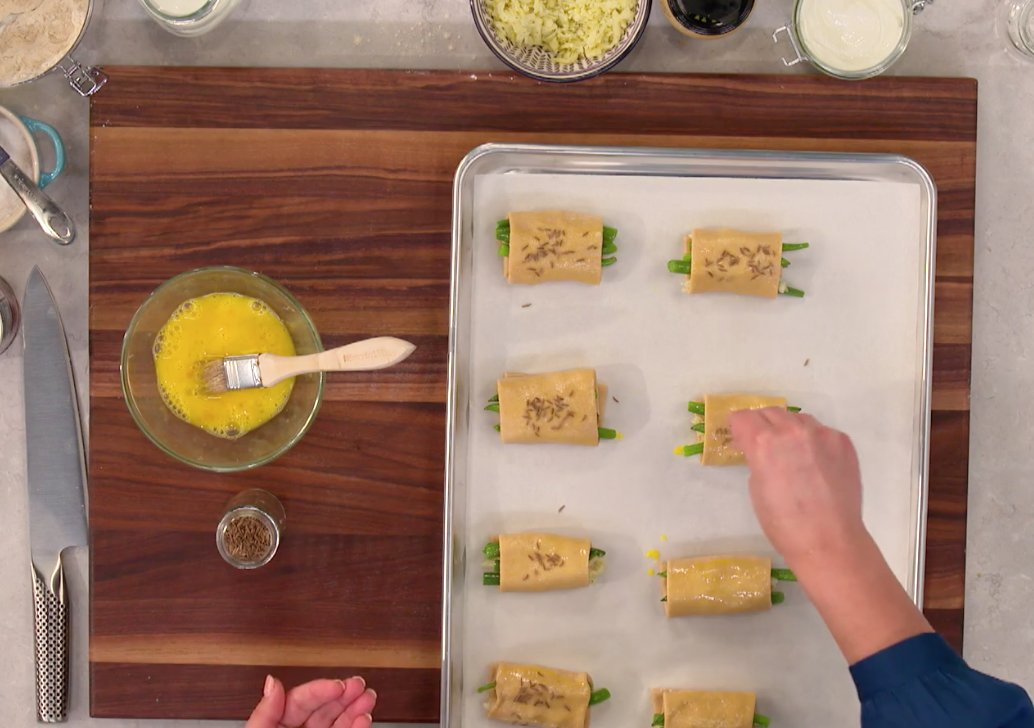 vegetarian green beans in blankets cooking tray