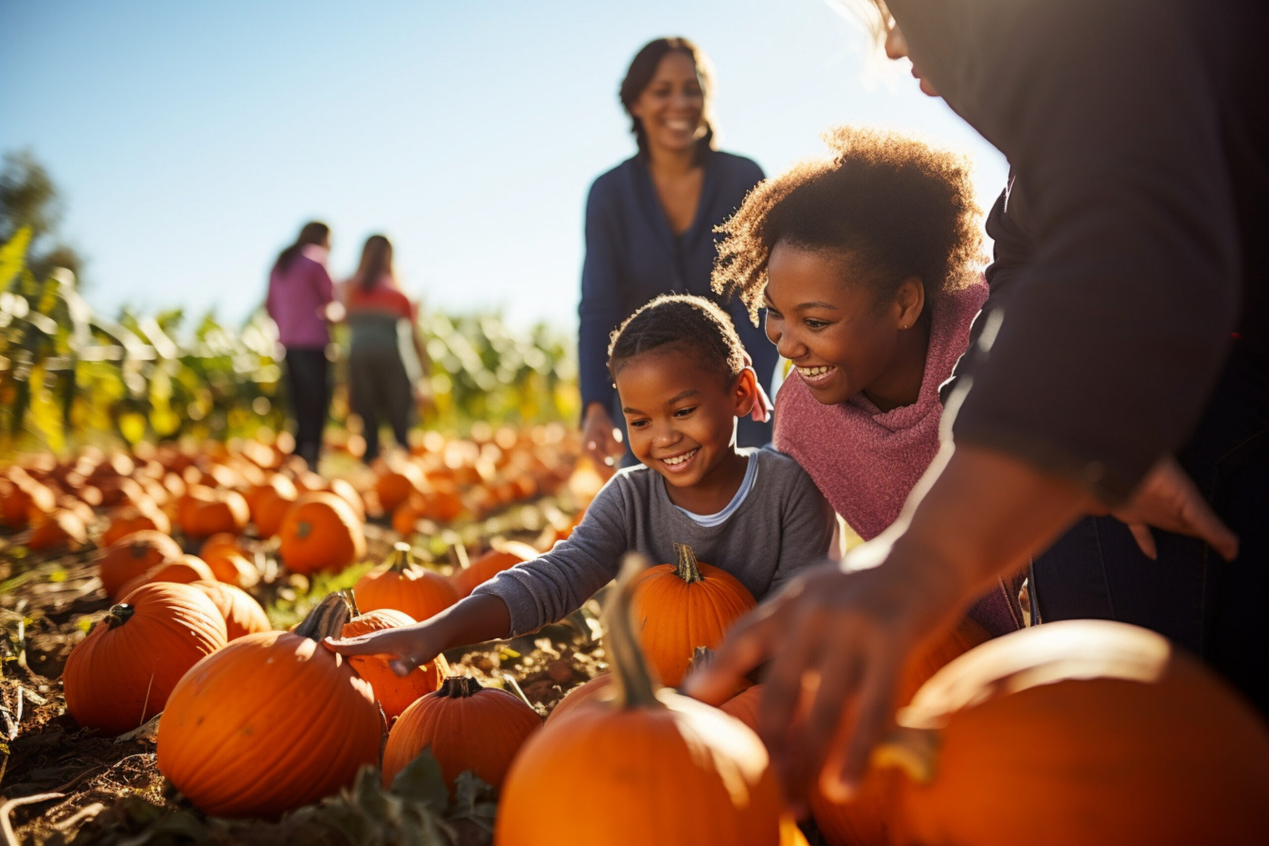 a family picking pumpkins